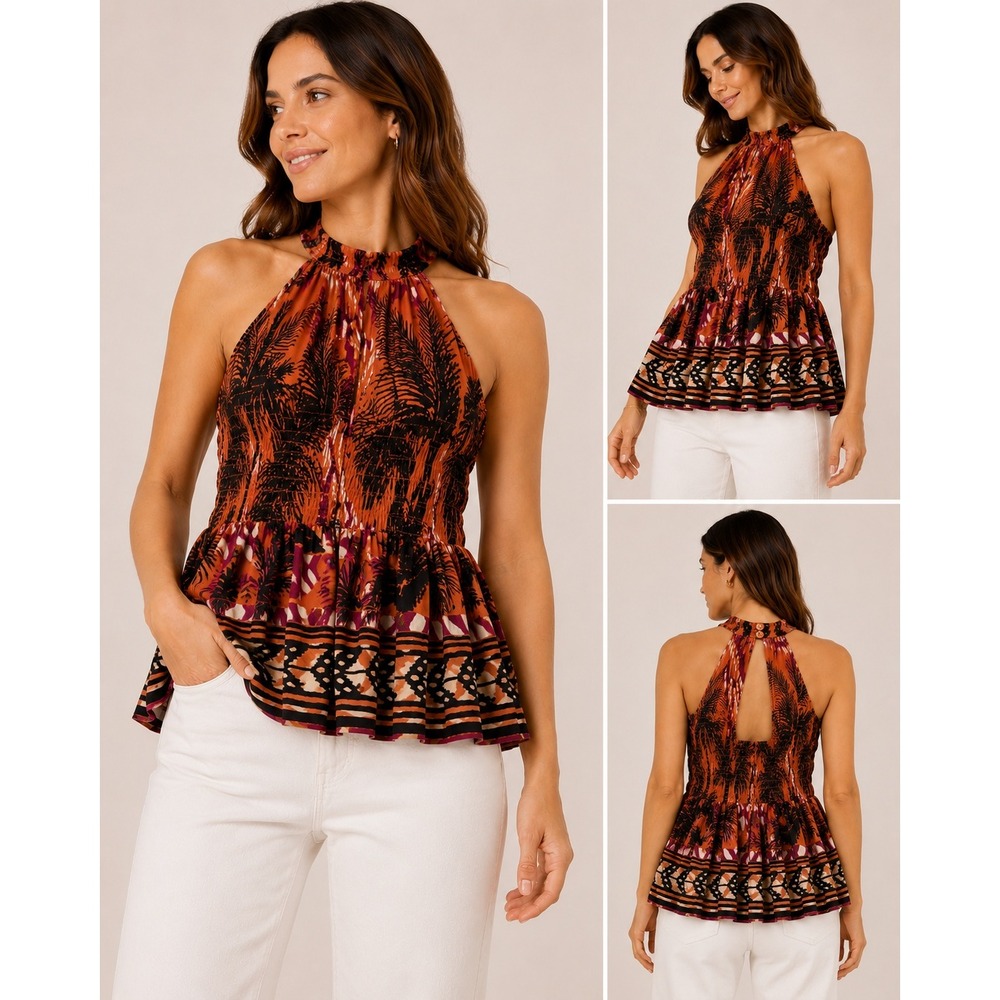 Christian Siriano Smocked Halter Top Rayon Tropical Palm Pattern Sz S